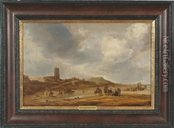 Landscape With Figures And Village Oil Painting - Cornelis Simonsz van der Schalcke