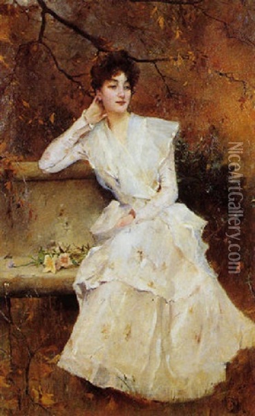 Elegante En Tenue De Mariee Sur Un Banc, En Automne Oil Painting - Emile Auguste Pinchart