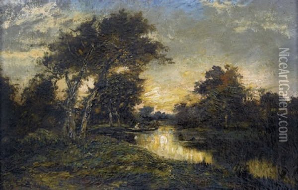 Flusslandschaft In Der Abenddammerung Mit Fischer Oil Painting - Jules Dupre