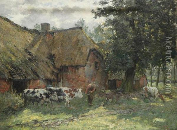 Farmer With Cows Near The Farmhouse Oil Painting - Jan Frans Simons