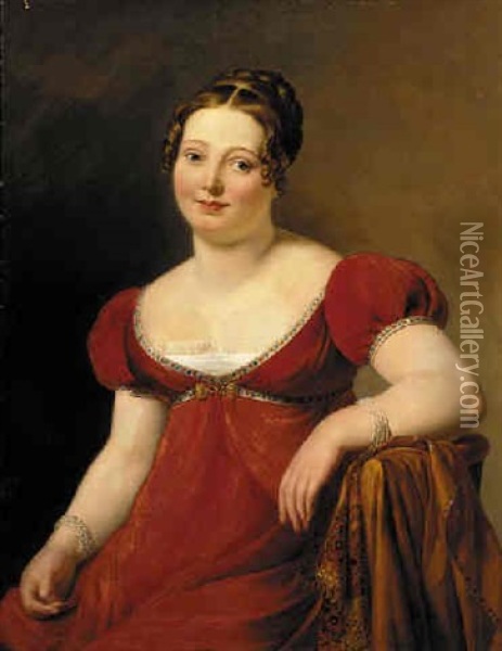 Portrait Of A Lady In An Empire Style Dress, Seated In A Chair Oil Painting - Anthelme Francois Lagrenee
