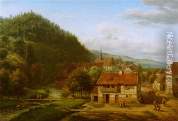 Belebte Szene An Einem Dorfeingang Oil Painting - Jean Baptiste Gabriel Langlace