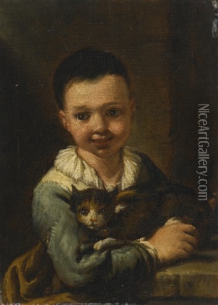 Portrait Of A Boy With Cat Oil Painting - Antonio Mercurio Amorosi