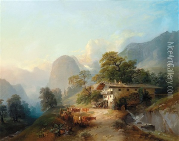 Alpenlandschaft Mit Einer Viehherde Vor Dem Wirtshaus Oil Painting - Franz Barbarini