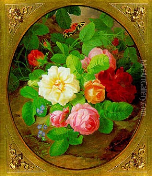 Rosen Und Schmetterling Oil Painting - Josef Lauer