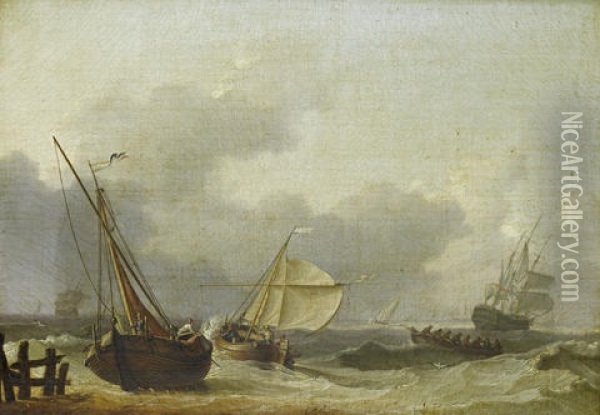 A Squall Off The Dutch Coast, With Small Craft And A Man-o'war Running For Shelter Oil Painting - Charles Martin Powell