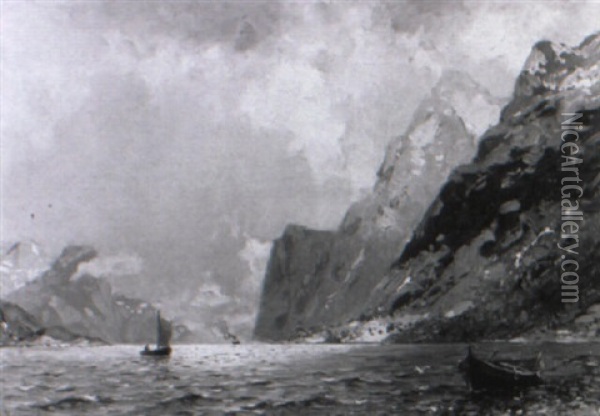 Fjordlandschaft Mit Kahn, In Der Ferne Segelboot Und Dampfschiff Oil Painting - Georg Anton Rasmussen