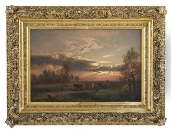 Droving The Herd At Sunset Oil Painting - Hermann Herzog