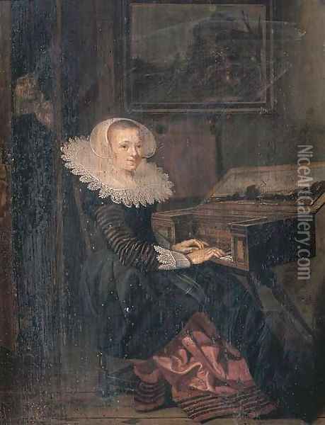 A young woman playing the virginals, a man in the doorway beyond Oil Painting - Hendrick Gerritsz. Pot