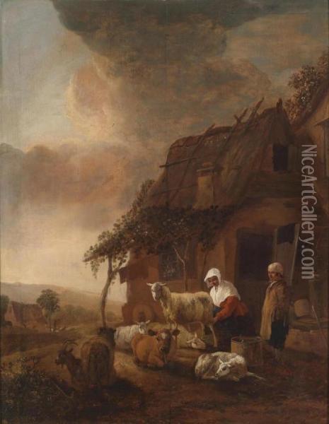 A Rustic Scene With Cattle Near A Farmhouse Oil Painting - Jan Baptist Wolfaerts