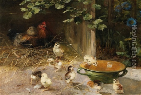 Hens With Chicks Oil Painting - Franz Xaver Birkinger