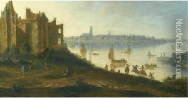 A Dutch River Landscape With A Ruined Castle In The Foreground And A Town Beyond Oil Painting - Dirck Verhaert