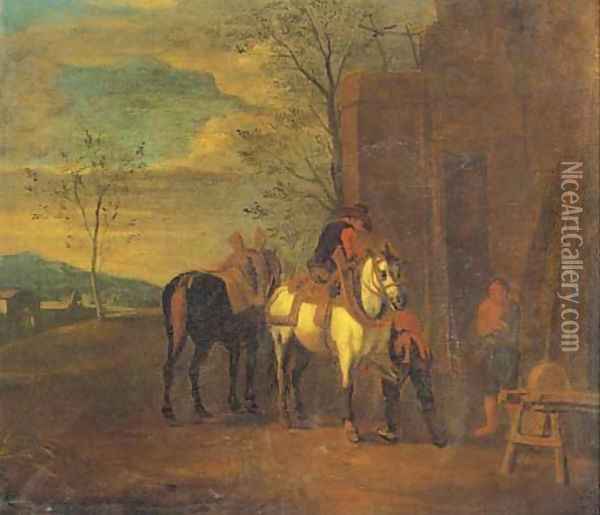 A blacksmith's yard with riders at halt Oil Painting - Pieter van Bloemen