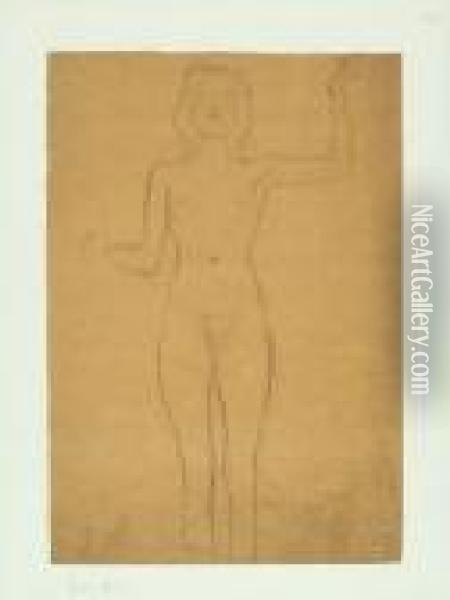 Standing Full Length Female Nude With One Arm Raised Oil Painting - Gustav Klimt