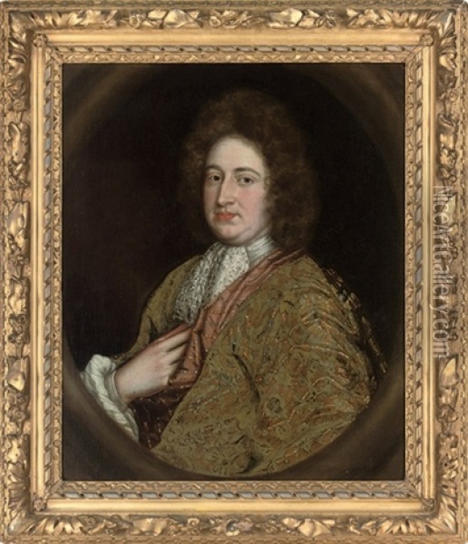 Portrait Of A Gentleman In A Green And Gold Embroidered Robe Oil Painting - John Riley