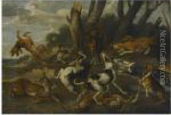 Hounds Attacking A Boar, In A Wooded Landscape Oil Painting - Paul de Vos