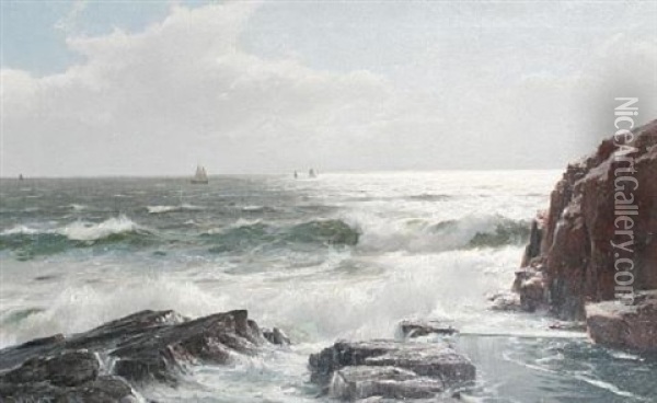 A Rocky Shoreline With Yachts In The Distance Oil Painting - Laurits Bernhard Holst