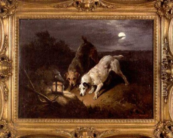 Two Terriers On A Night Hunt Oil Painting - John Emms