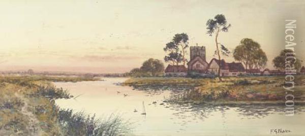 A Riverside Hamlet At Dusk (illustrated); Near Guildford; And Neargodalming, Surrey Oil Painting - Francis George Fraser