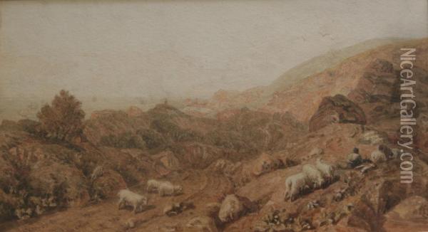 Rocky Landscape With Shepherd And Flock Oil Painting - Joshua Cristall