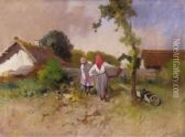 Village Scene Oil Painting - Antal Neogrady