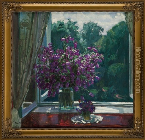 Campanula In Window Oil Painting - Stanislaw Zukowski