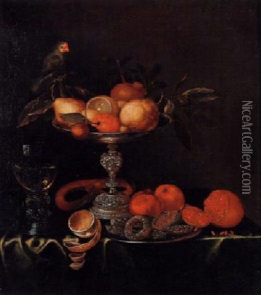 Stilleben Mit Silbertazza, Zitrusfruchten Und Sittich Oil Painting - Jacob Marrel