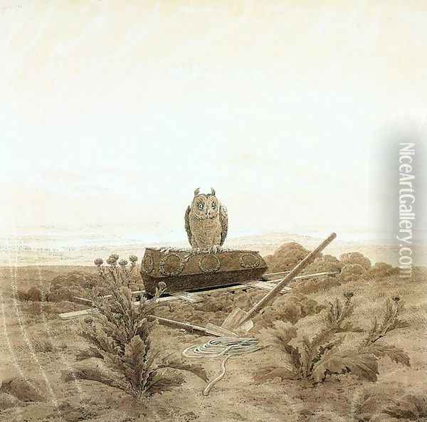 Landscape with Grave, Coffin and Owl 1836-37 Oil Painting - Caspar David Friedrich