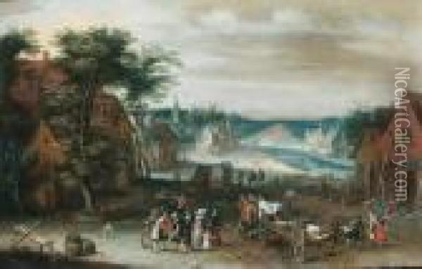 A Village By A River, With Peasants, Townsfolk And Wagons Oil Painting - Jan The Elder Brueghel