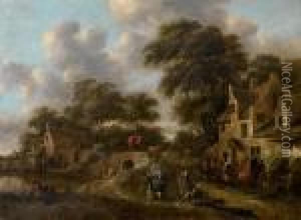 A Riverside Village With A Carriage Crossing A Bridge And Figures Before A Tavern Oil Painting - Claes Molenaar (see Molenaer)