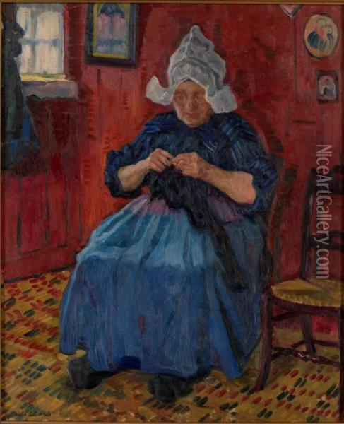 Old Lady Knitting Oil Painting - Arnold Borisovic Lakowskij