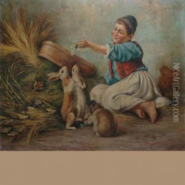 Feeding Rabbits Oil Painting - Geza Peske