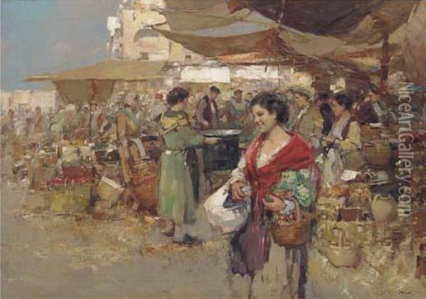 A Busy Italian Market Oil Painting - Mario Di Scovolo