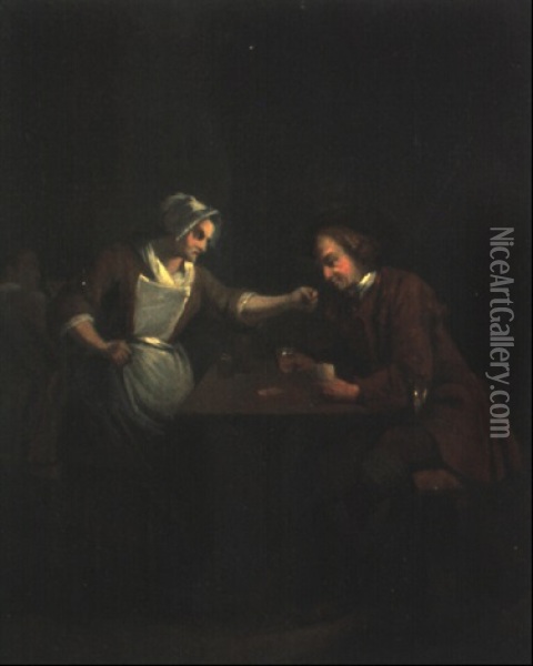 Kartenspielendes Paar In Einem Wirtshaus Oil Painting - Etienne Jeaurat