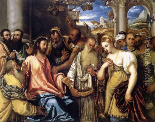 Christ and the Adulteress Oil Painting - Polidoro Lanzani (see Polidoro Da Lanciano)