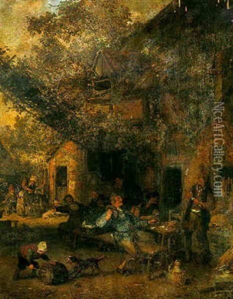 Boors Drinking And Smoking At A Table In A Farmyard With A Peasant Woman And Children By A Pump Beyond Oil Painting - Cornelis Dusart