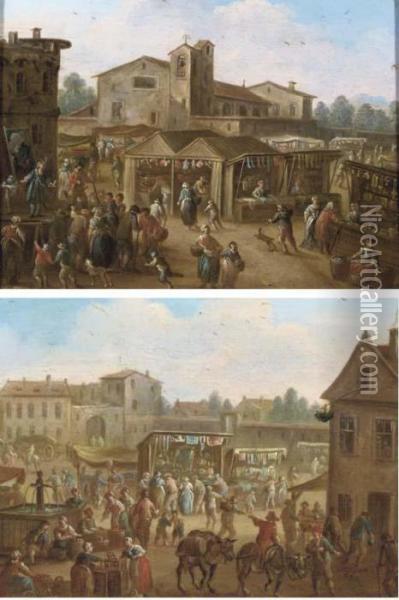 A Market Scene With Figures 
Gathered Around A Comedia Dell'arte Play; And A Village Square With A 
Market, And Two Mules Near A Fountain In The Foreground Oil Painting - Franz Ferg