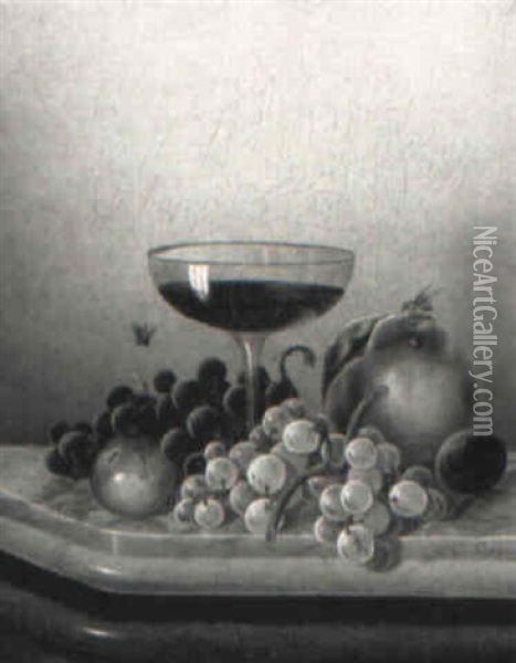 Still Life With Grapes, Peach, Plum, Lady Apple And Wine Glass Oil Painting - Morston Constantine Ream
