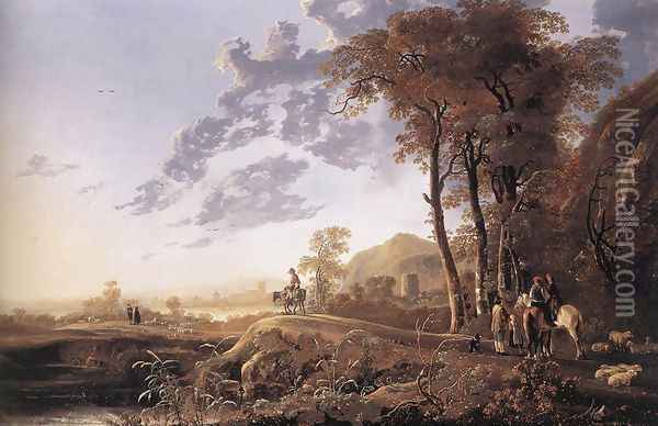 Evening Landscape with Horsemen and Shepherds 1655-60 Oil Painting - Aelbert Cuyp