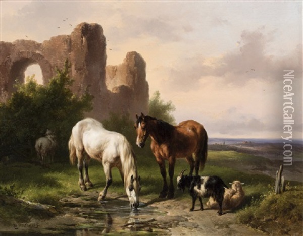 Watering Horses Near A Ruin Oil Painting - Wouter Verschuur the Elder