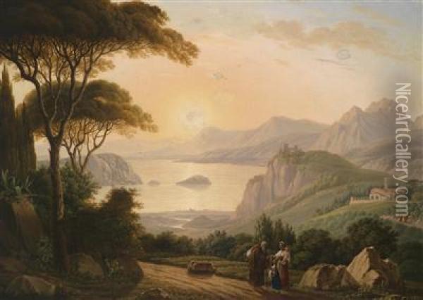 Southern Landscape With Decorative Figures In The Foreground Oil Painting - Antoni Lange