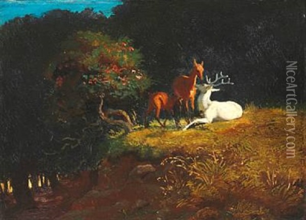Lysning I En Skov Med Hjorte Oil Painting - Johan Thomas Lundbye
