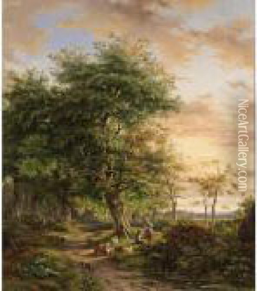 Travellers On A Path In A Wooded Landscape Oil Painting - Jan Gijsb. Van Ravenswaay