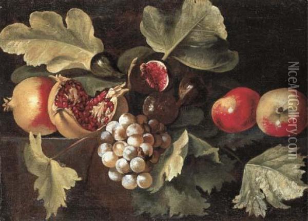 Pomegranates, Figs, Grapes And Apples On A Ledge Oil Painting - Master Of The Acquavella Still Life