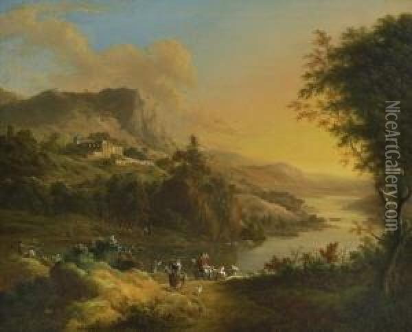 Flusslandschaft Im
 Abendlicht. Oil Painting - Johann Christian Vollerdt or Vollaert