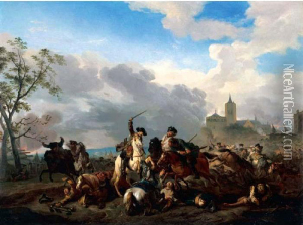 A Battle Scene With Cavalry Skirmishing Before A Walled Town Oil Painting - Jan von Huchtenburgh