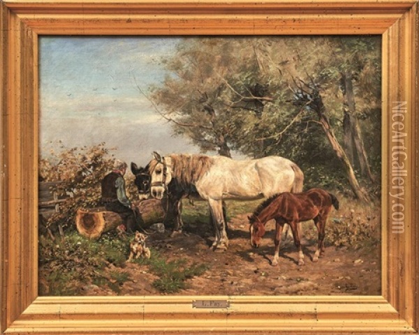 Bauer Mit Pferden Und Esel Bei Der Rast An Einer Tranke Oil Painting - Ludwig Benno Fay