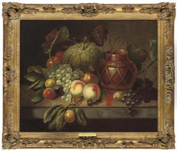 Peaches, Grapes, A Pumpkin, And An Earthenware Jug, With A Bee And Butterflies On A Stone Ledge Oil Painting - George Hedley