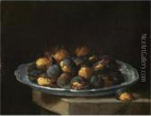Still Life With Roasted Chestnuts On A White Plate Resting On A Stone Ledge Oil Painting - Giacomo Ceruti (Il Pitocchetto)