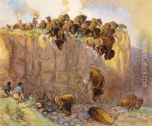 Driving Buffalo Over the Cliff Oil Painting - Charles Marion Russell